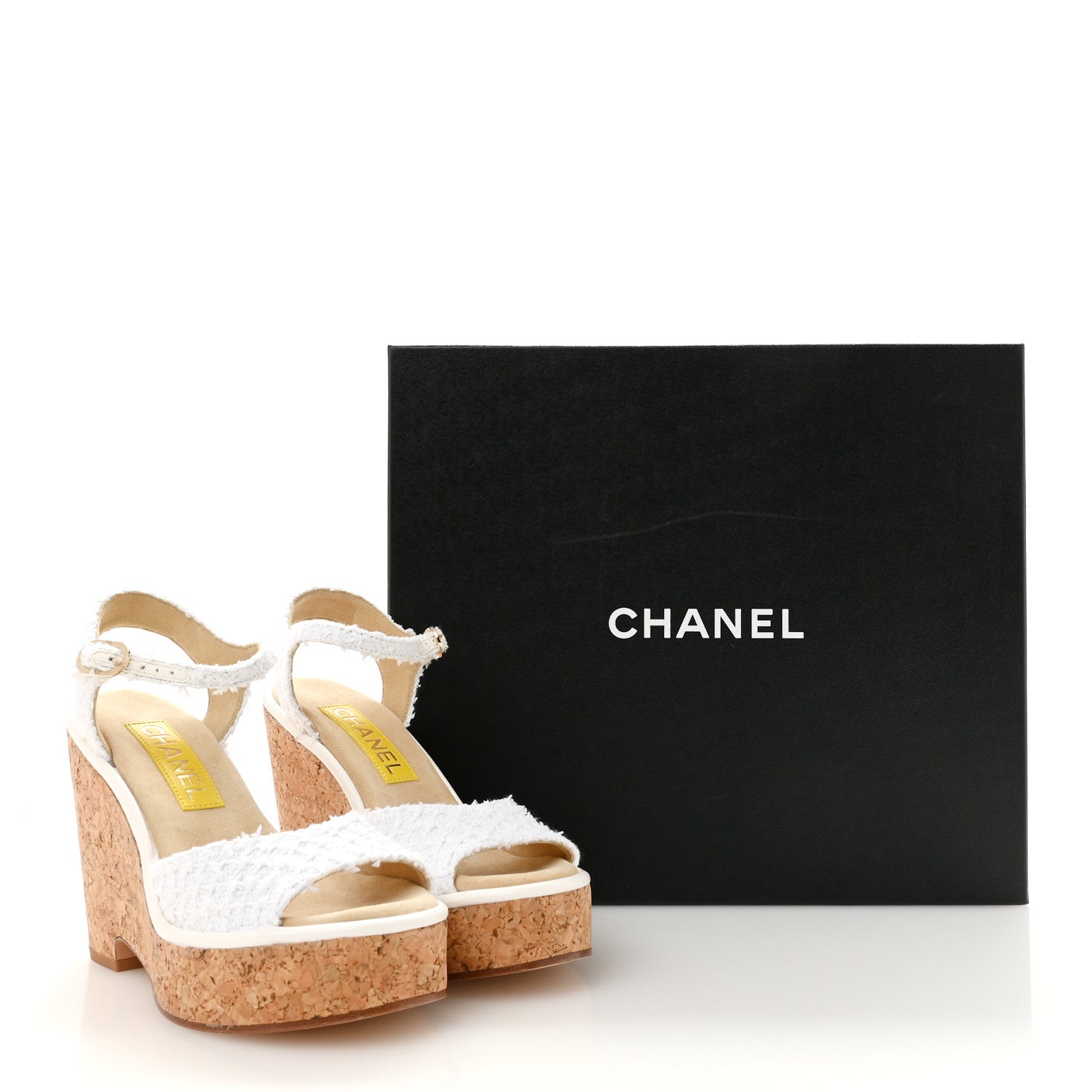 Chanel Tweed Cork CC Wedge Sandals 36.5 White 10 of 10