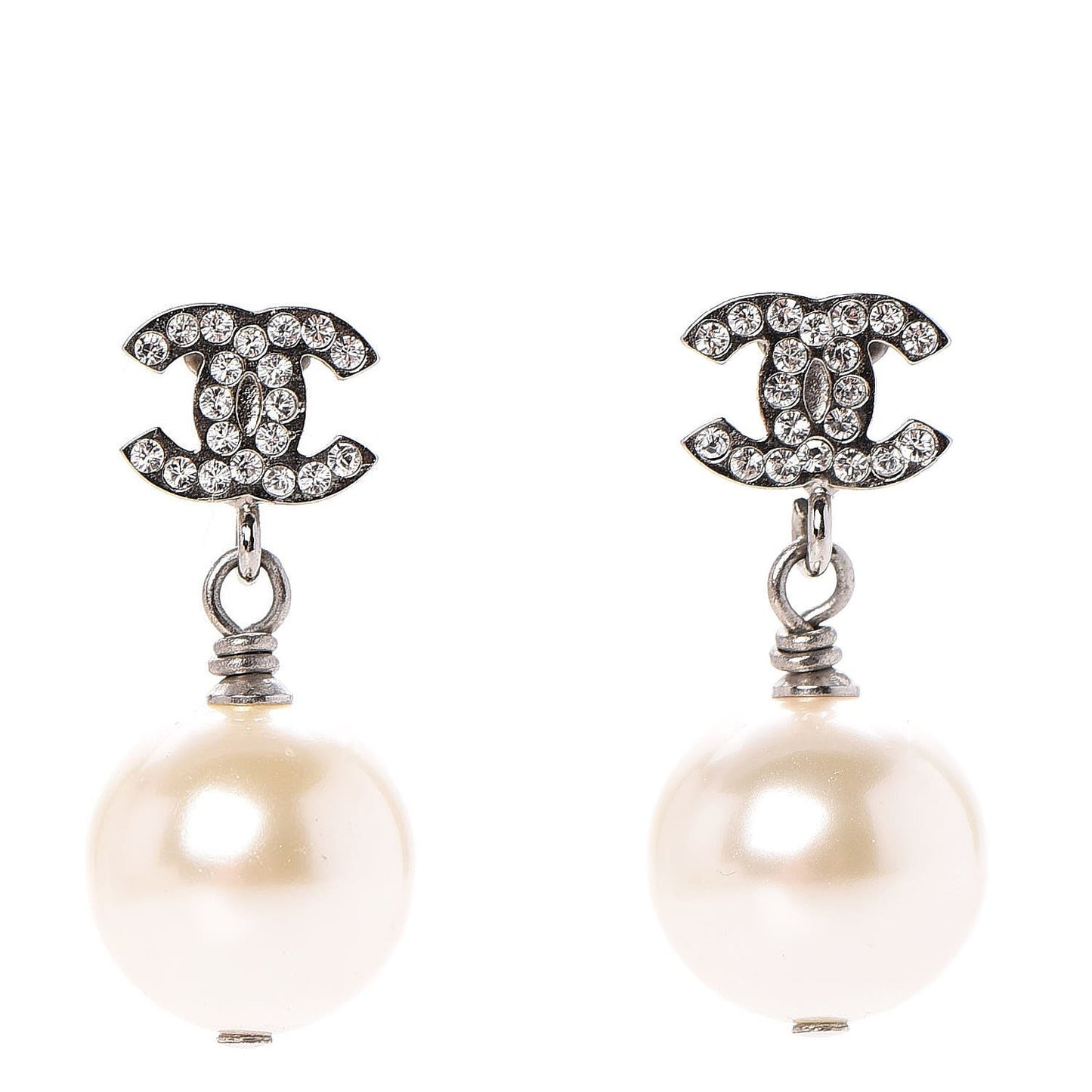Crystal Pearl CC Drop Earrings Silver