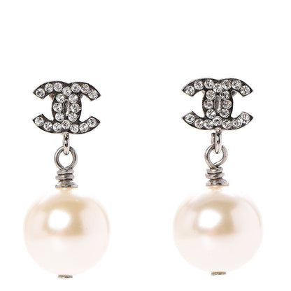 Chanel Crystal Pearl CC Drop Earrings Silver 1 of 5