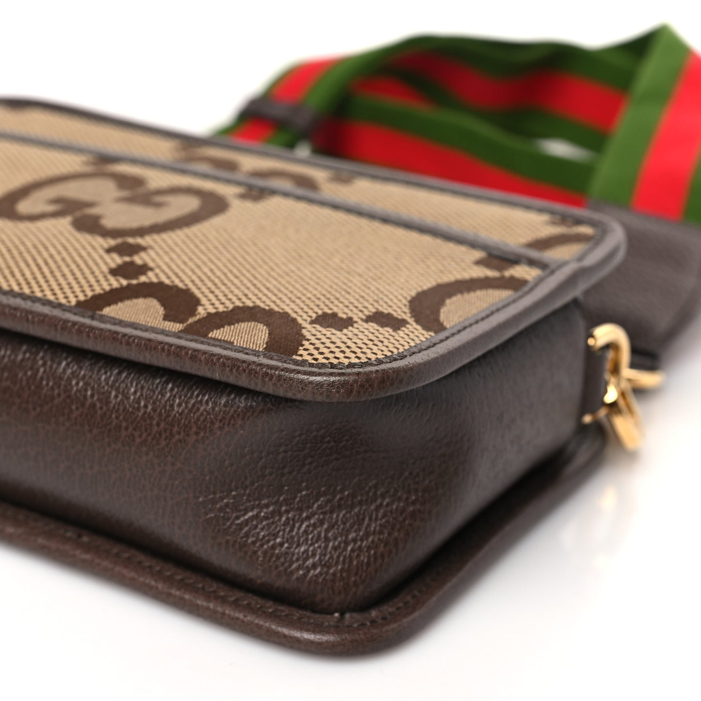 Monogram Jumbo GG Textured Dollar Calfskin Web Mini Crossbody Bag Camel Ebony New Acero