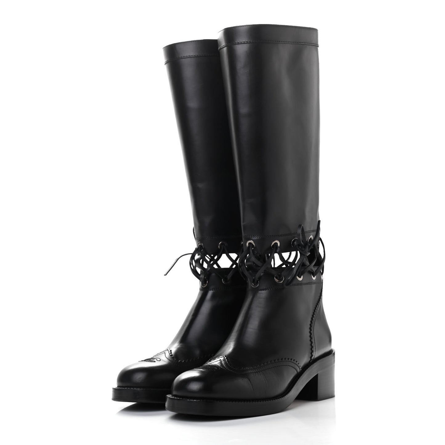 Calfskin Lace Up Knee High Boots 40 Black