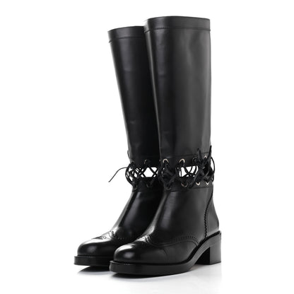 Chanel Calfskin Lace Up Knee High Boots 40 Black 3 of 11
