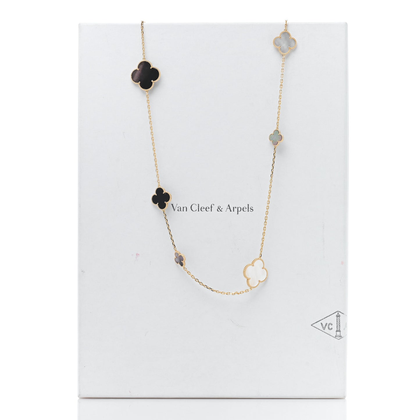 18K Yellow Gold Onyx Mother of Pearl 16 Motifs Magic Alhambra Necklace