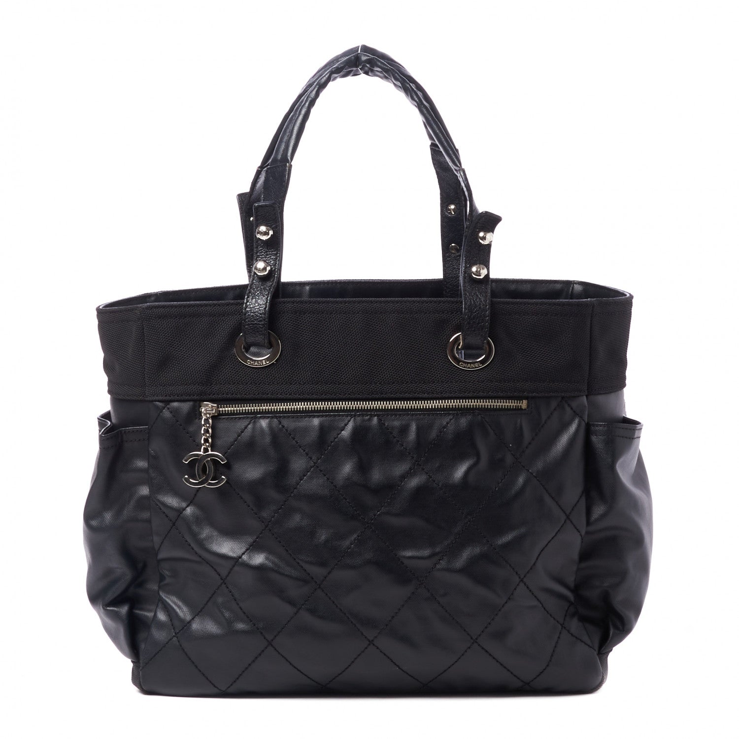 Chanel Coated Canvas Quilted Large Paris Biarritz Tote Black 3 of 11