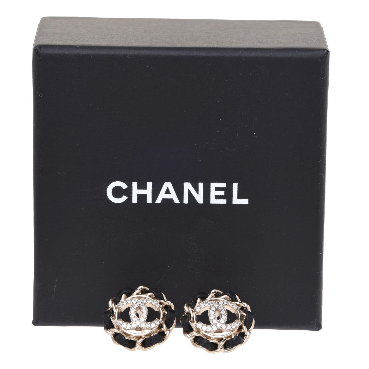 Crystal Lambskin Chain CC Stud Earrings Black Gold