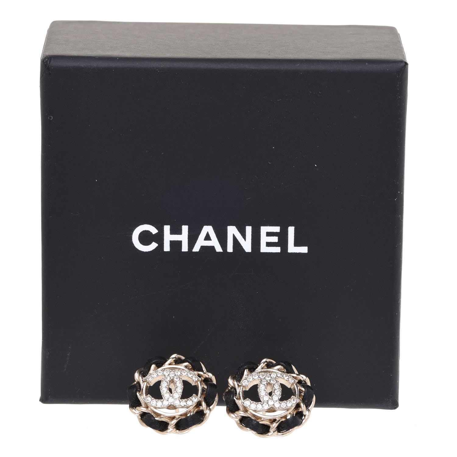 Chanel Crystal Lambskin Chain CC Stud Earrings Black Gold 5 of 5