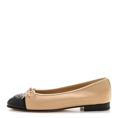 Chanel Lambskin Cap Toe CC Ballerina Flats 38 Beige Black 1 of 11