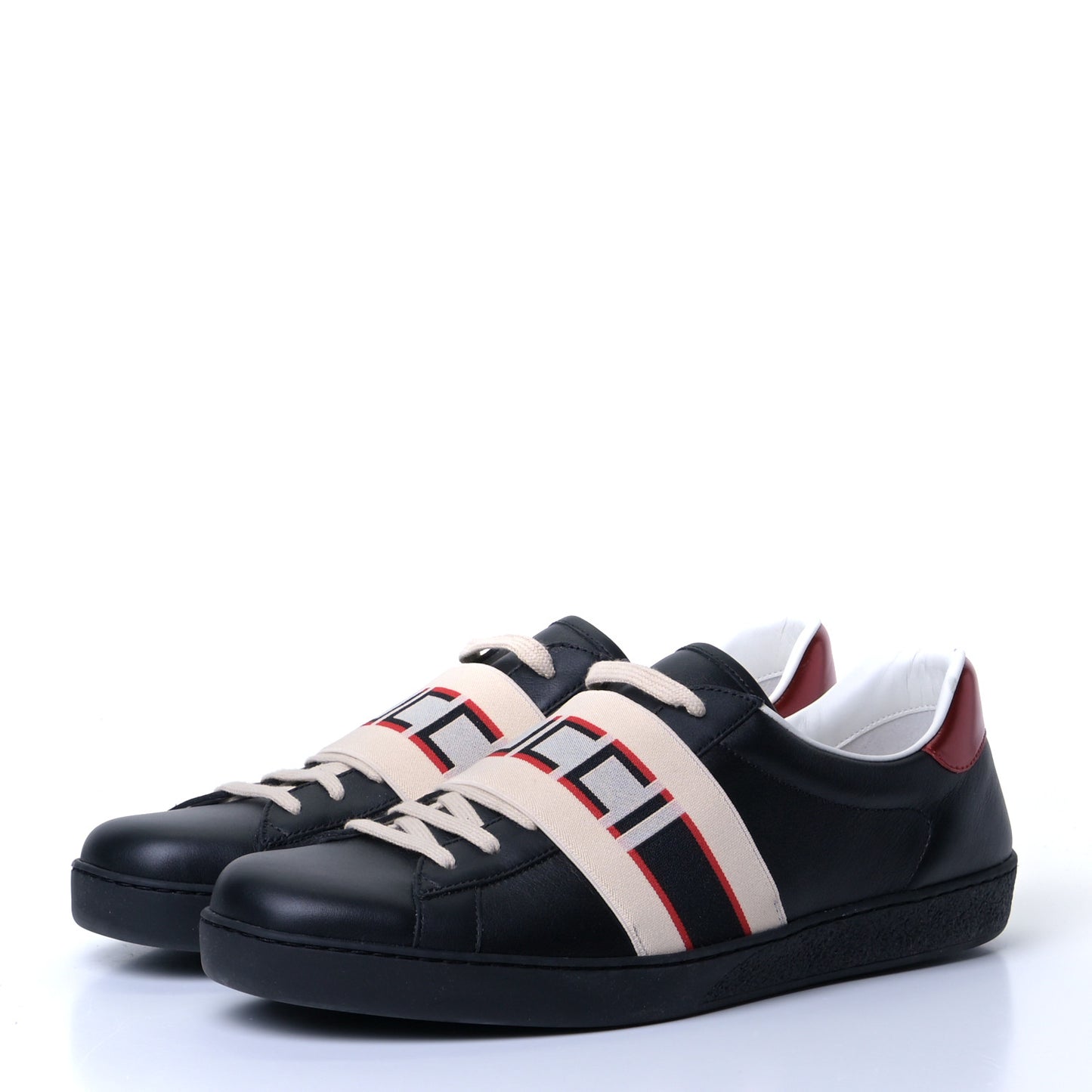 Calfskin Stripe Mens New Ace Sneakers 10.5 Black Ecru Red Flame