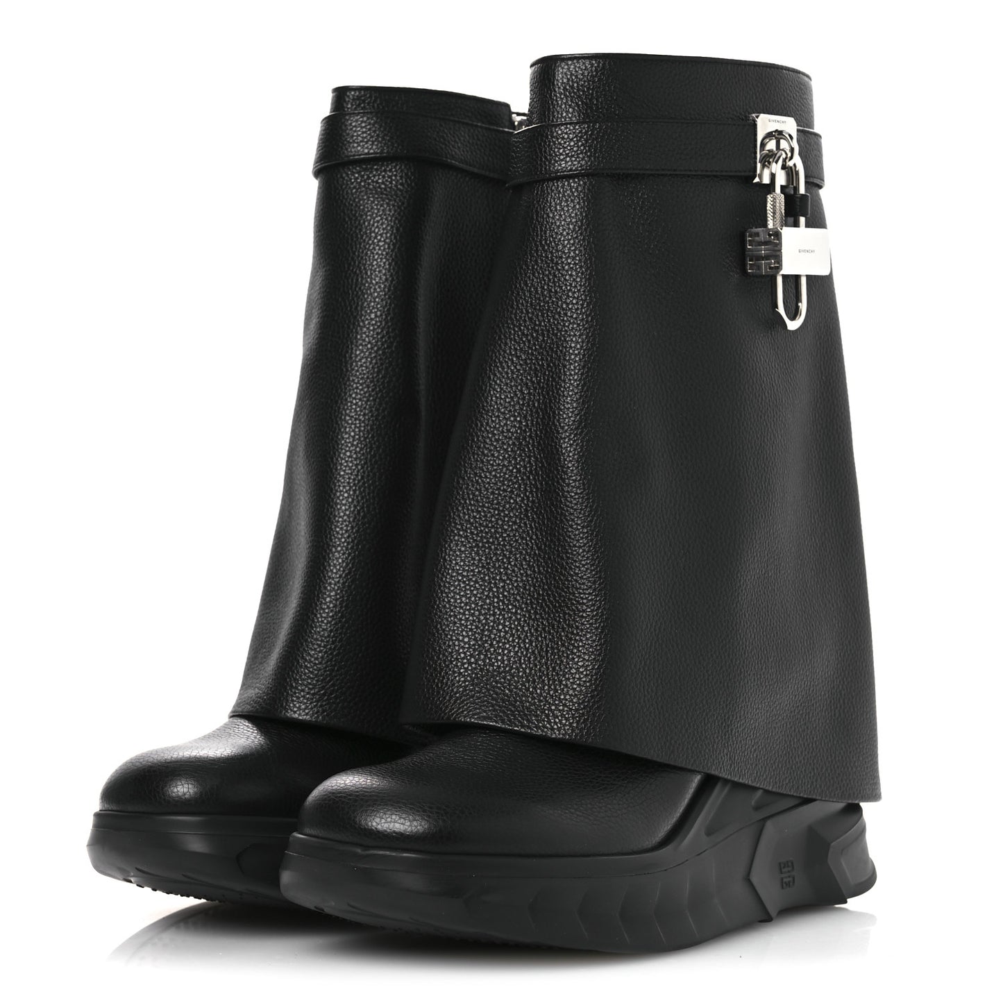 Grained Calfskin Shark Lock Biker Ankle Boots 40 Black