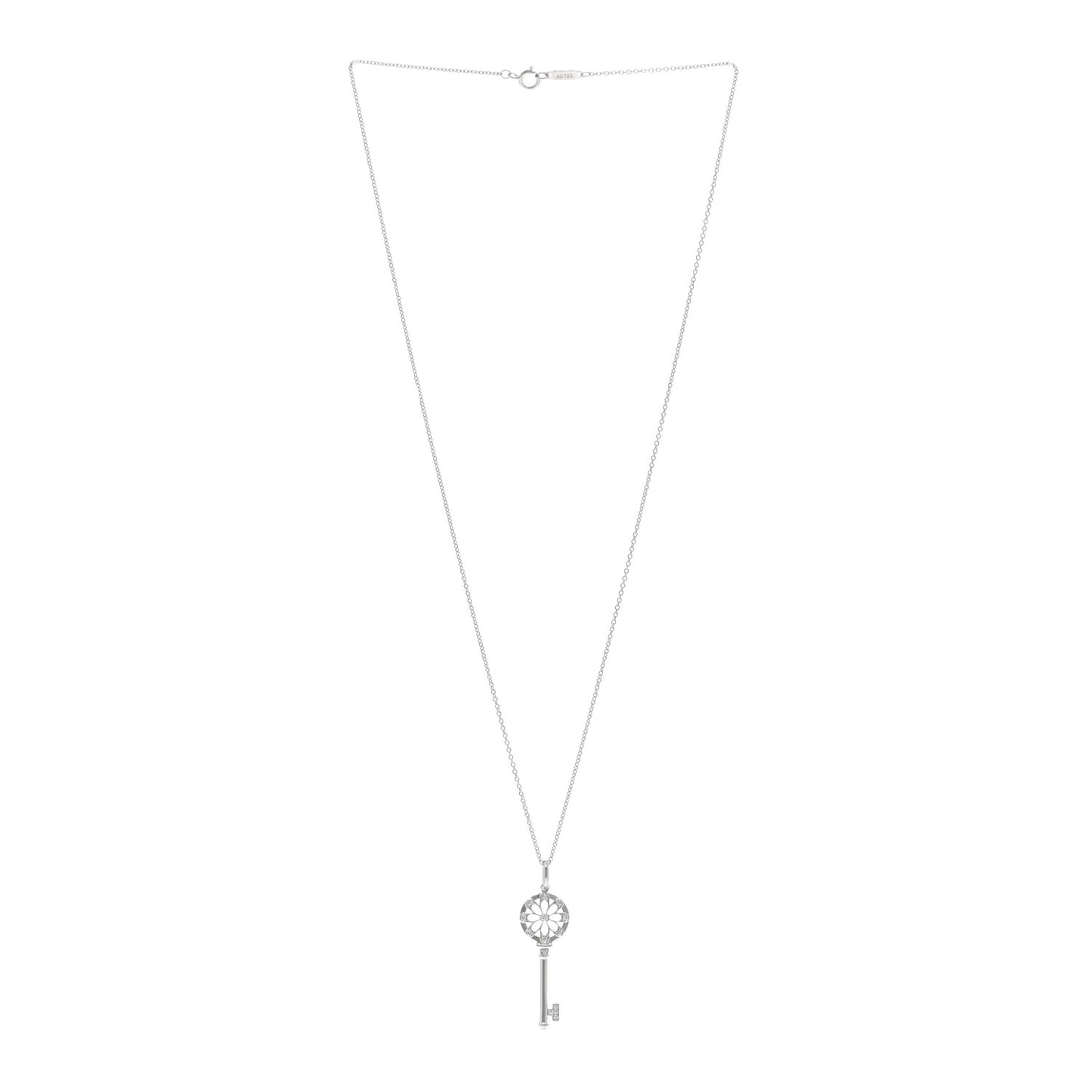 18K White Gold Diamond Floral Key Pendant Necklace
