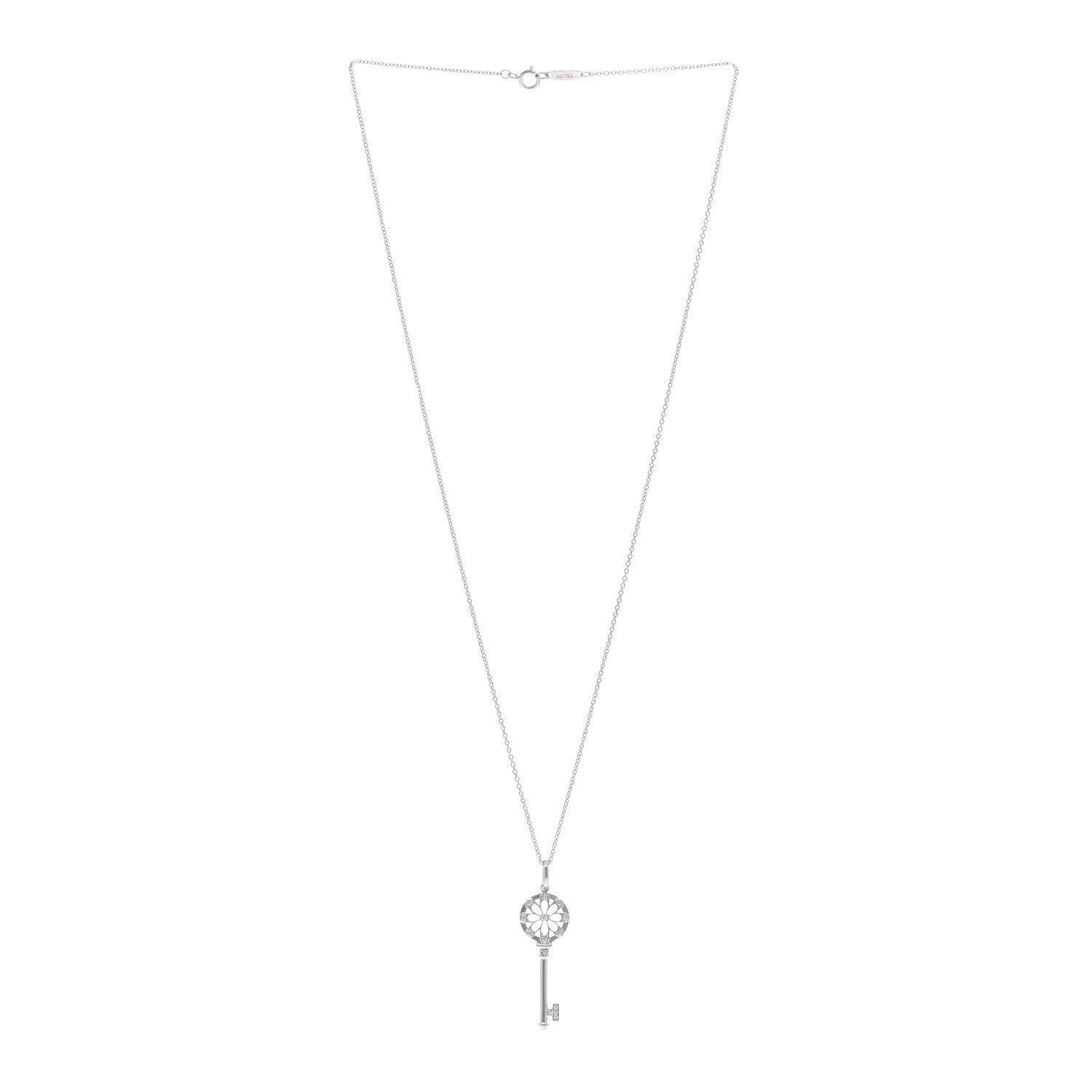 Tiffany 18K White Gold Diamond Floral Key Pendant Necklace 3 of 5