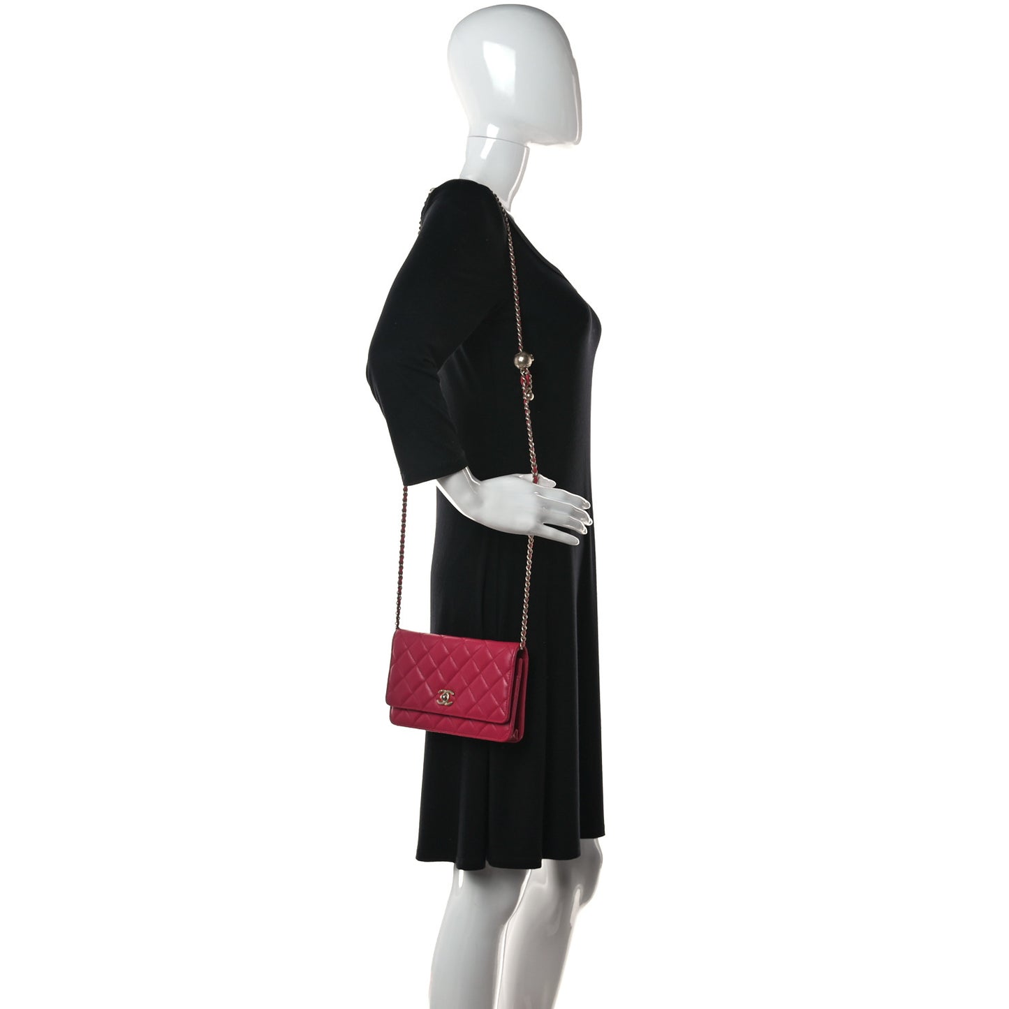Lambskin Quilted CC Pearl Crush Wallet on Chain WOC Dark Pink