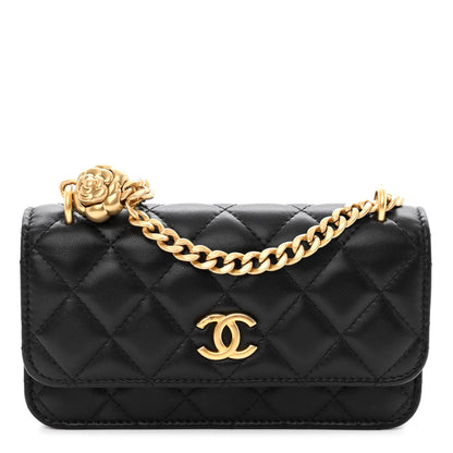 Chanel Lambskin Quilted Sweet Camellia Flap Phone Holder With Chain Black 1 of 11