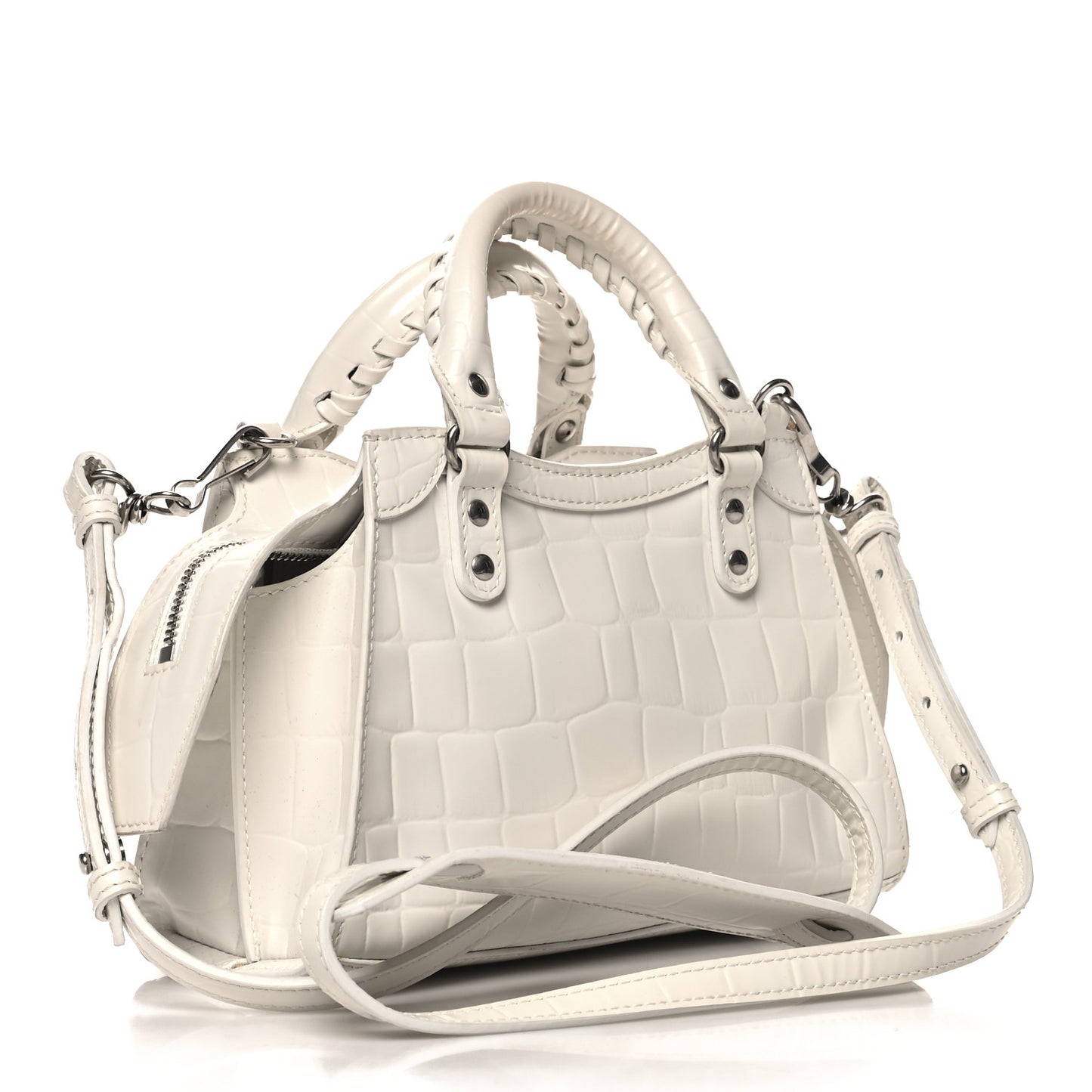 Semi Shiny Calfskin Crocodile Embossed Neo Classic Silver Hardware Mini City White