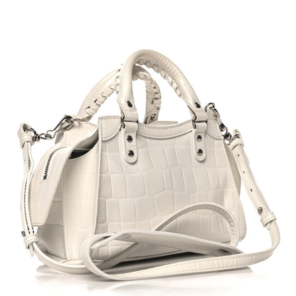 Balenciaga Semi Shiny Calfskin Crocodile Embossed Neo Classic Silver Hardware Mini City White 3 of 13