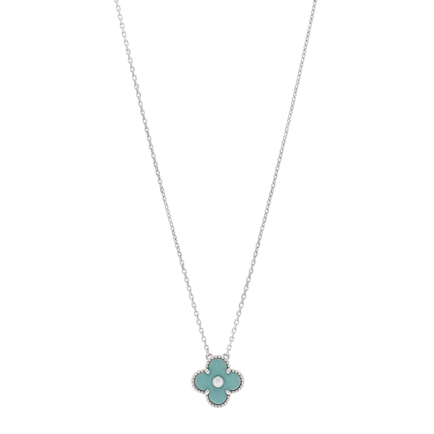 18K White Gold Diamond Celadon Green Sevres Porcelain Vintage Alhambra Pendant Necklace
