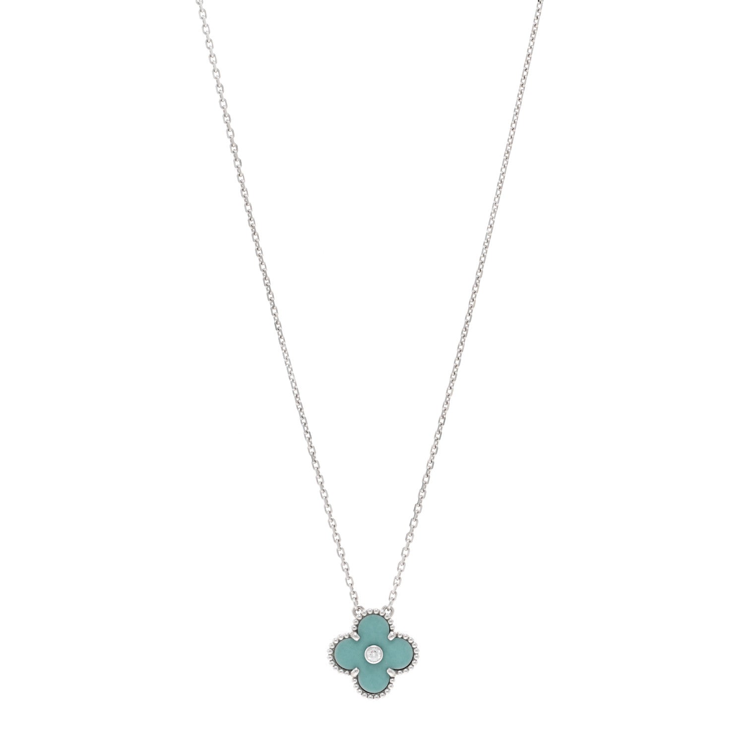Van Cleef & Arpels 18K White Gold Diamond Celadon Green Sevres Porcelain Vintage Alhambra Pendant Necklace 1 of 6