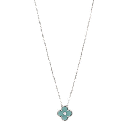 Van Cleef & Arpels 18K White Gold Diamond Celadon Green Sevres Porcelain Vintage Alhambra Pendant Necklace 1 of 6