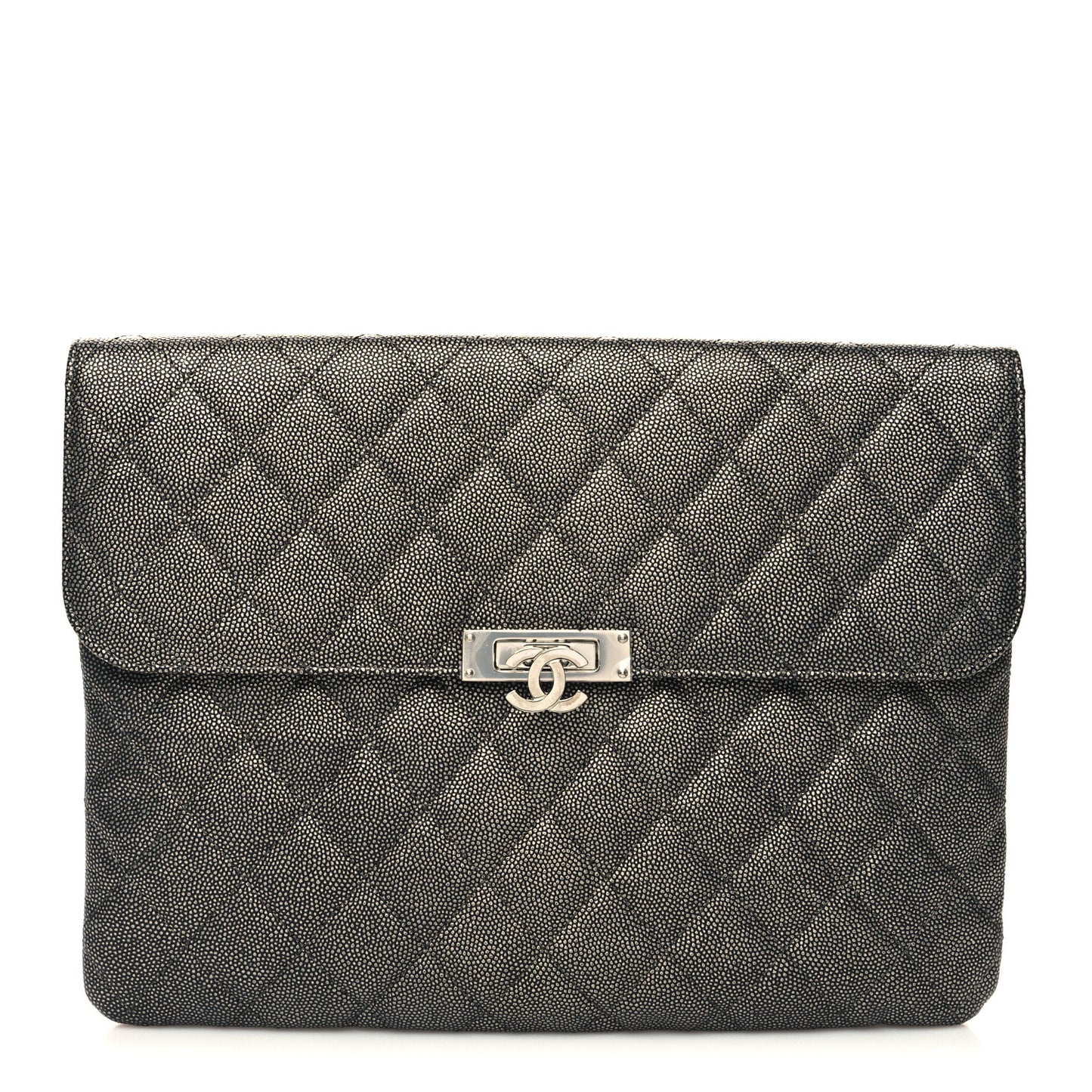 Metallic Caviar Quilted Medium Golden Class Pouch Dark Grey