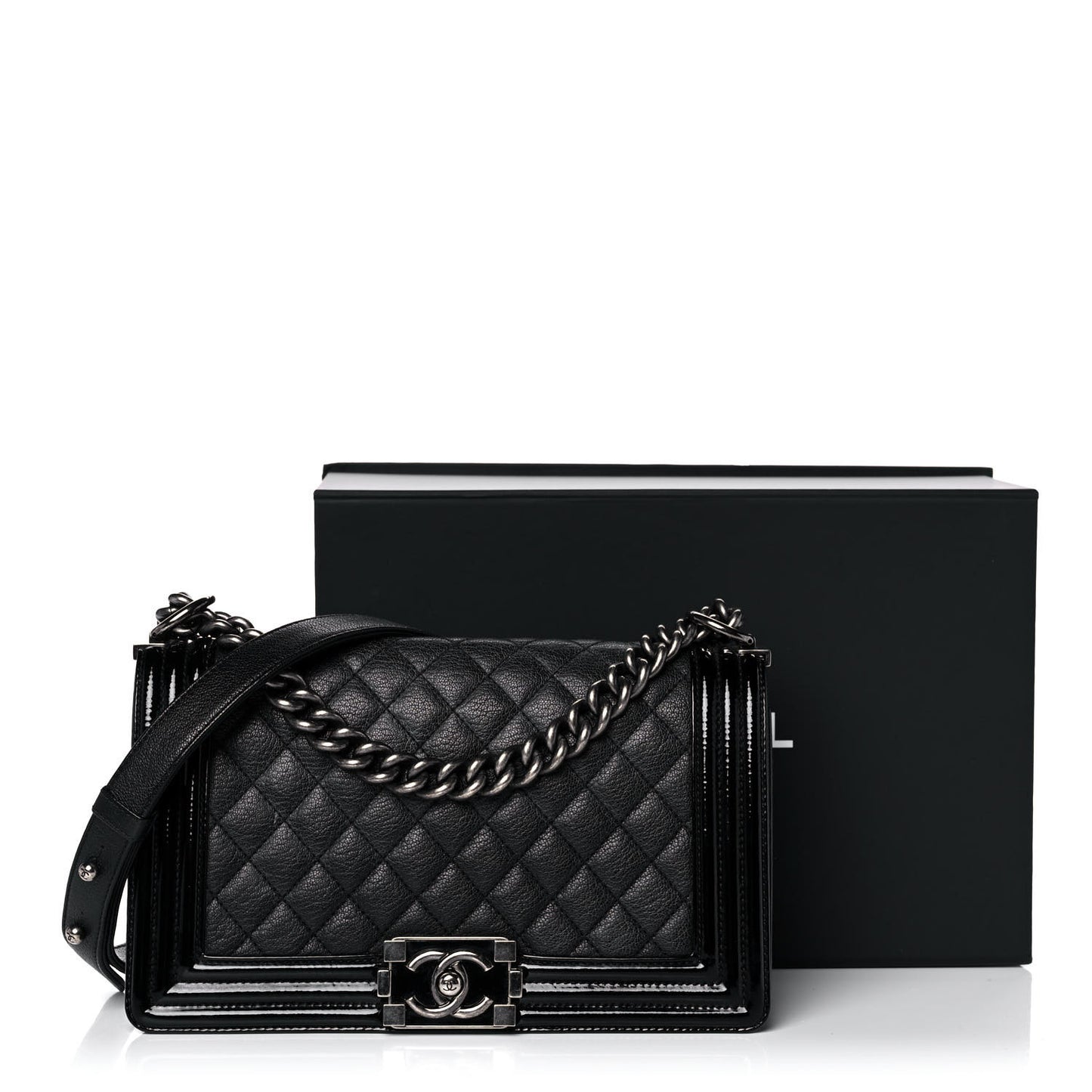 Goatskin Quilted Patent Medium Duo Boy Flap Black