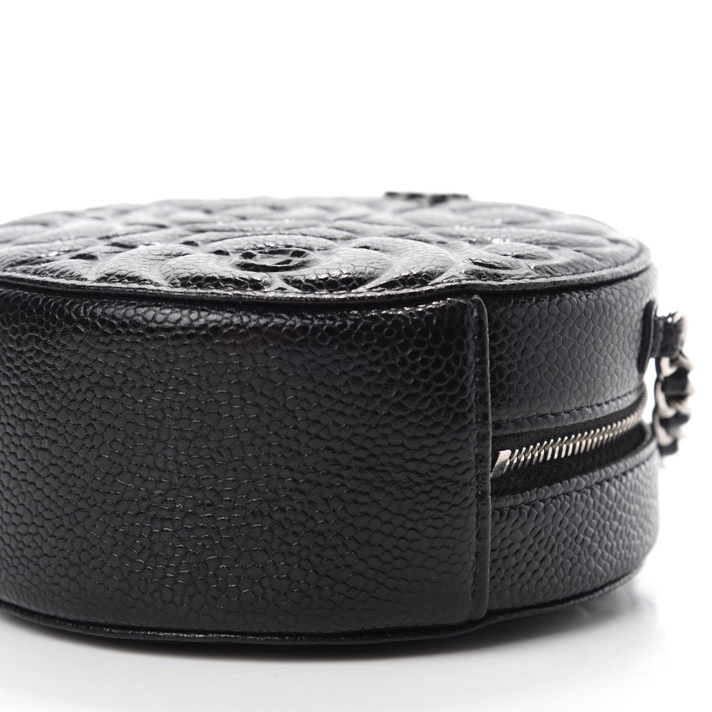 Caviar Camellia Embossed Round Clutch With Chain Black