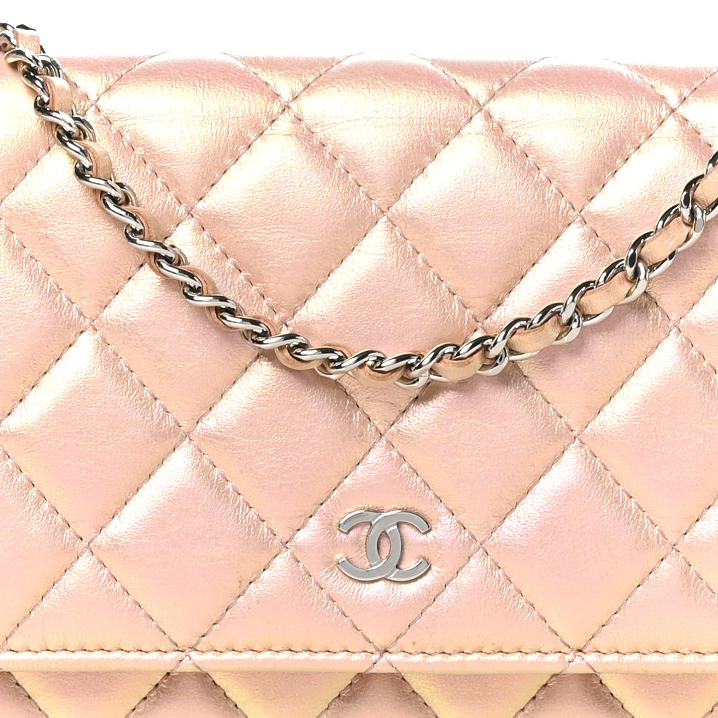 Iridescent Calfskin Quilted Wallet on Chain WOC Pink