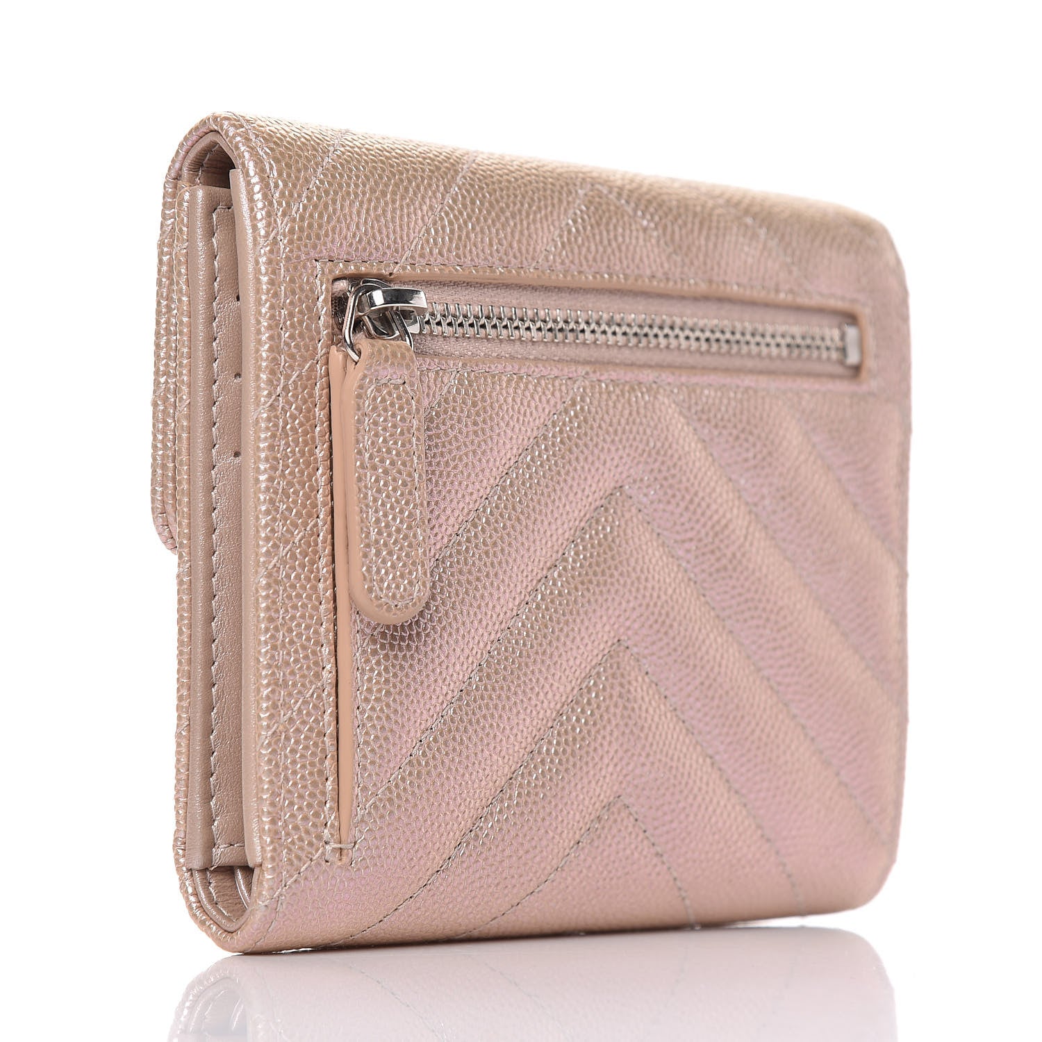 Chanel Metallic Caviar Chevron Quilted Compact Flap Wallet Light Gold 3 of 9