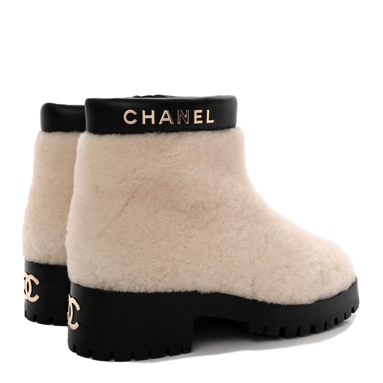 Chanel Shearling Lambskin Logo Ankle Boots 37.5 Ivory Black 4 of 11