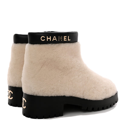 Chanel Shearling Lambskin Logo Ankle Boots 37.5 Ivory Black 4 of 11