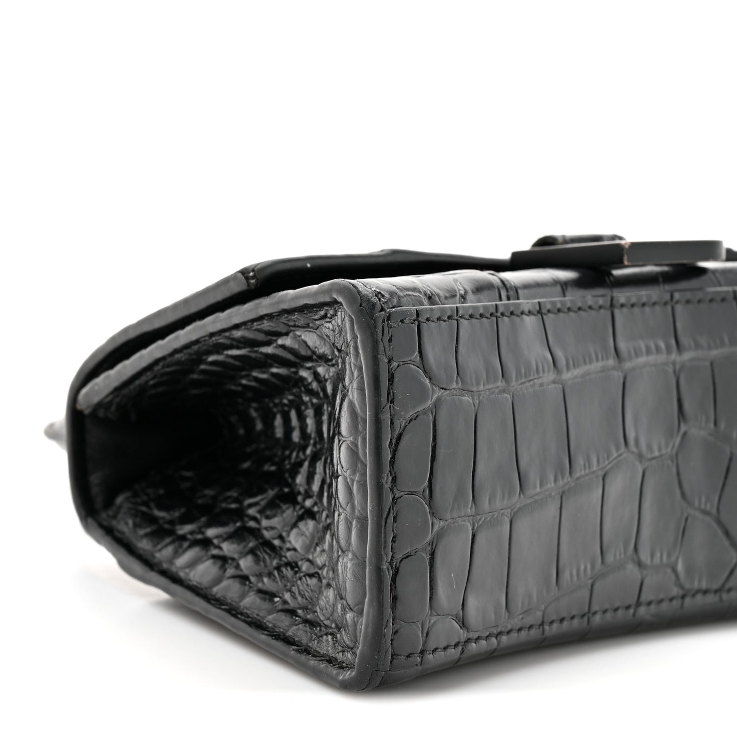Shiny Calfskin Monochrome Crocodile Embossed Hourglass Top Handle Bag XS Black