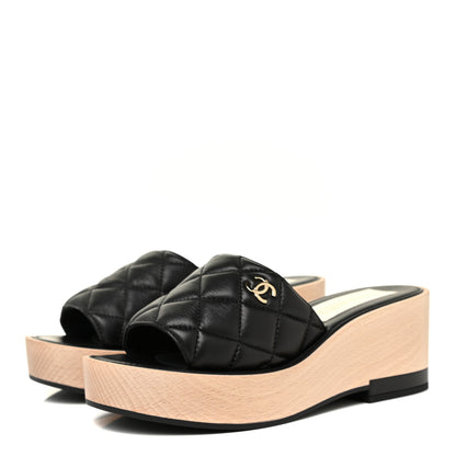 Chanel Lambskin Quilted CC Slip On Platform Sandals 38 Black 3 of 10