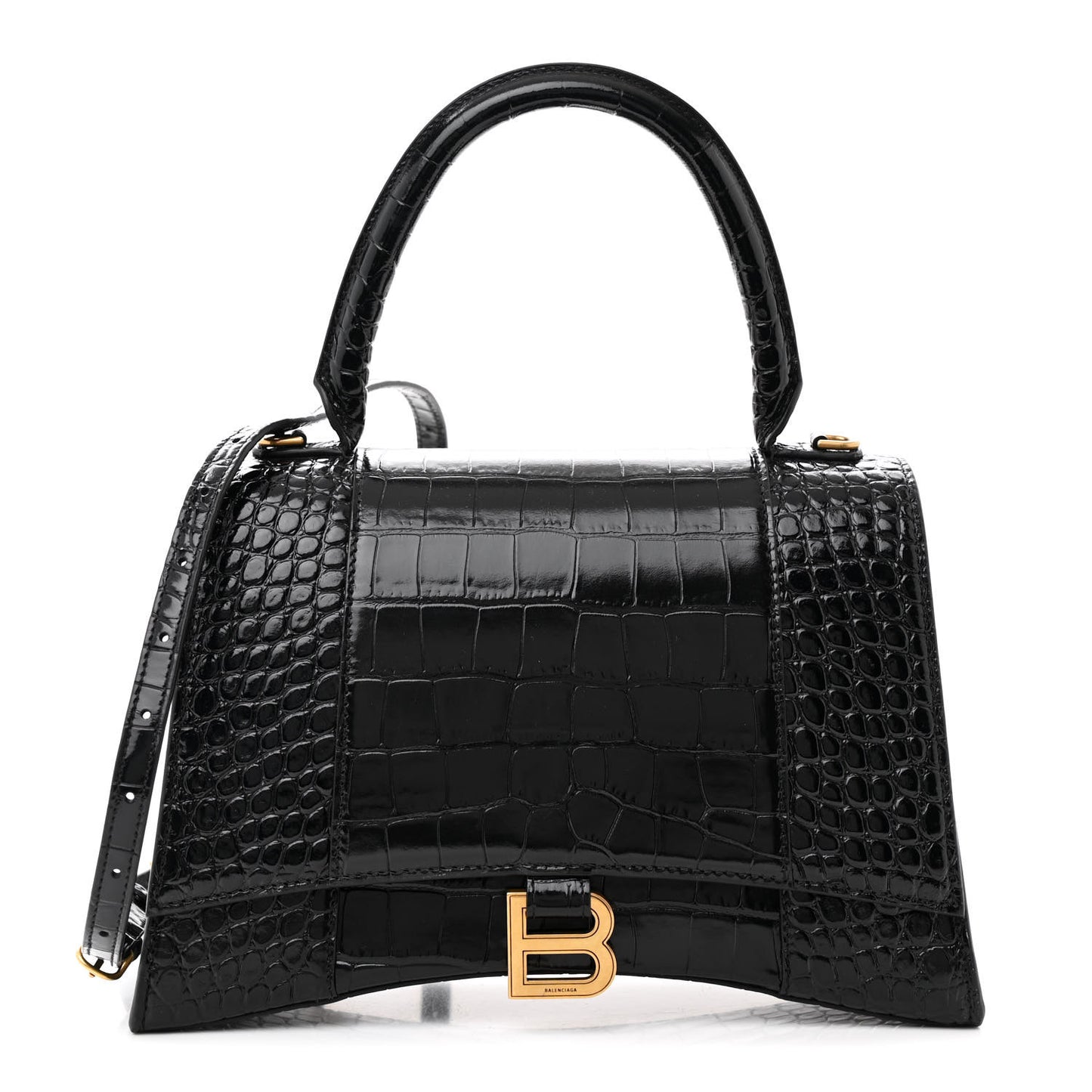 Shiny Calfskin Crocodile Embossed Medium Hourglass Top Handle Bag Black