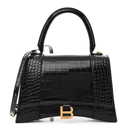 Balenciaga Shiny Calfskin Crocodile Embossed Medium Hourglass Top Handle Bag Black 1 of 13