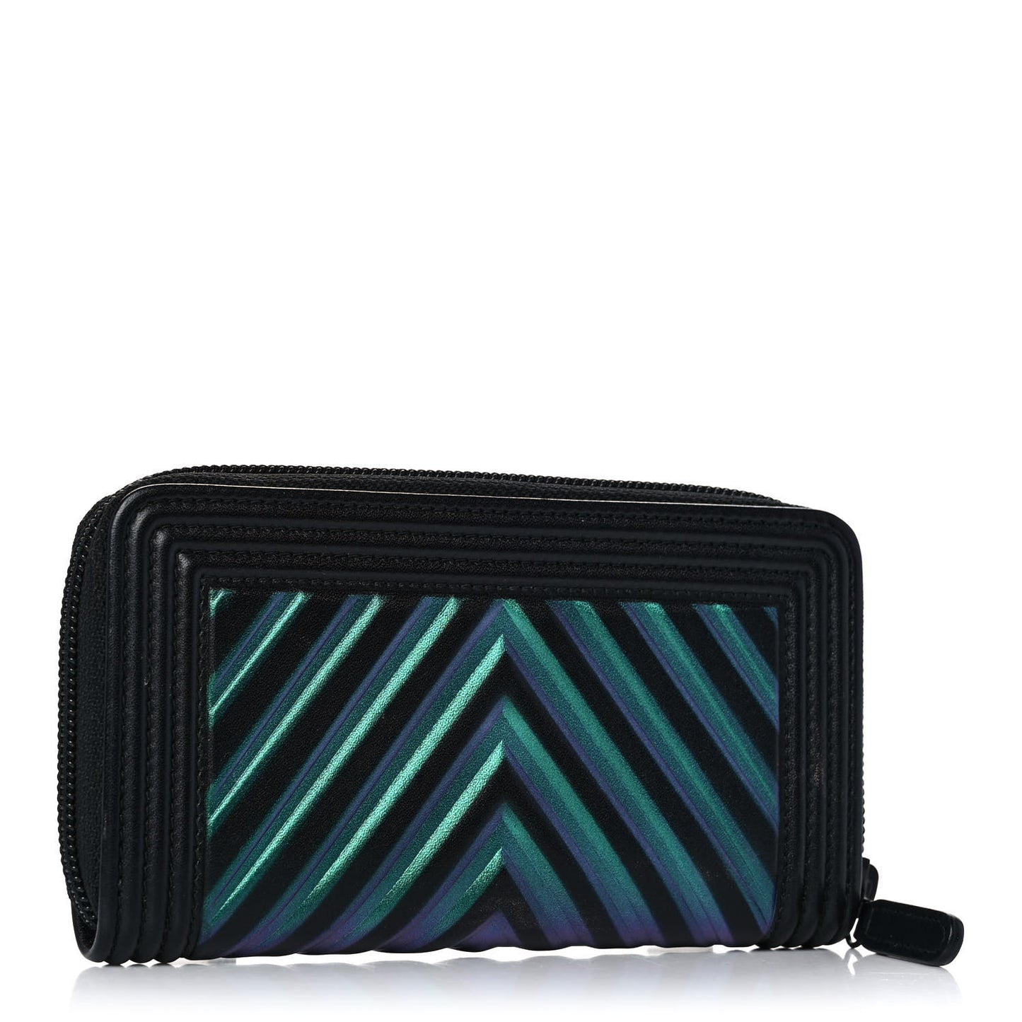 Calfskin Painted Chevron Embossed Small Boy Zip Wallet Black