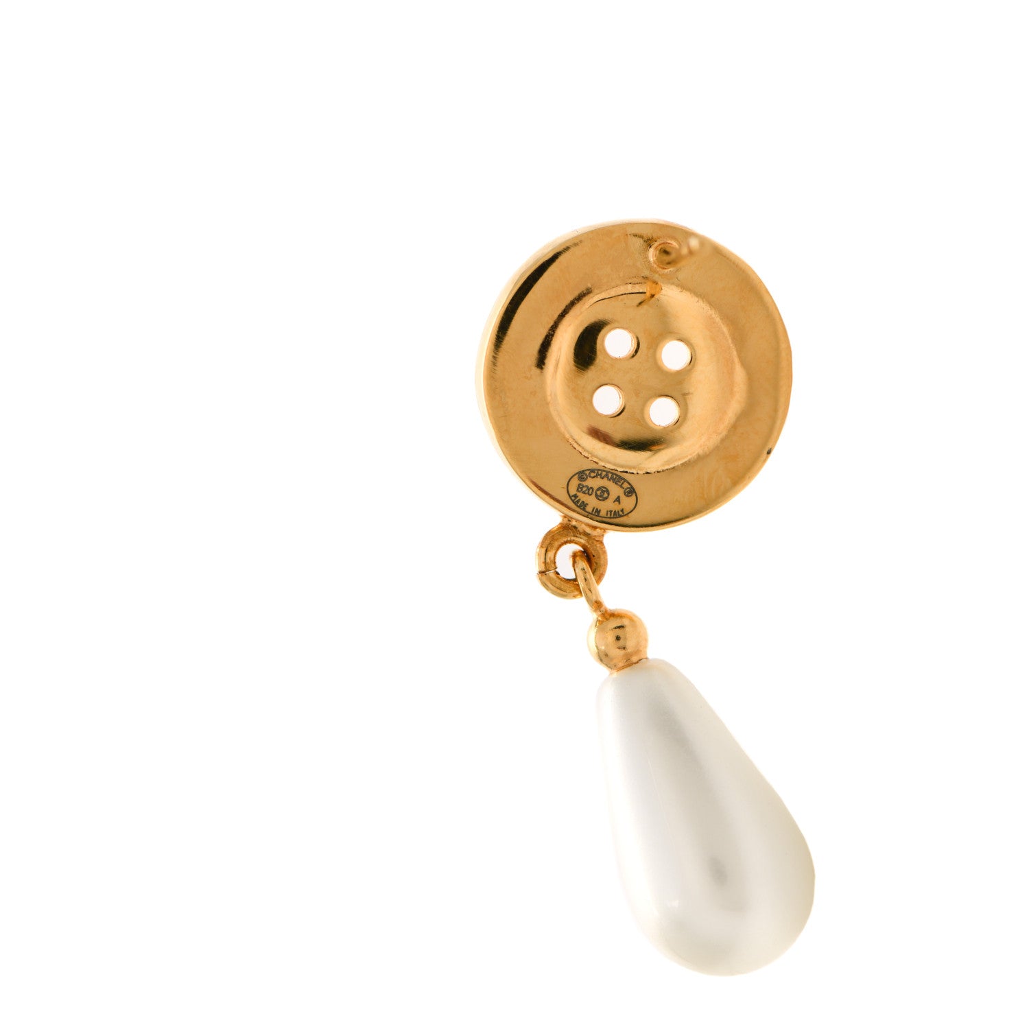 Chanel Metal Pearl Paris Button Drop Earrings Gold 3 of 4