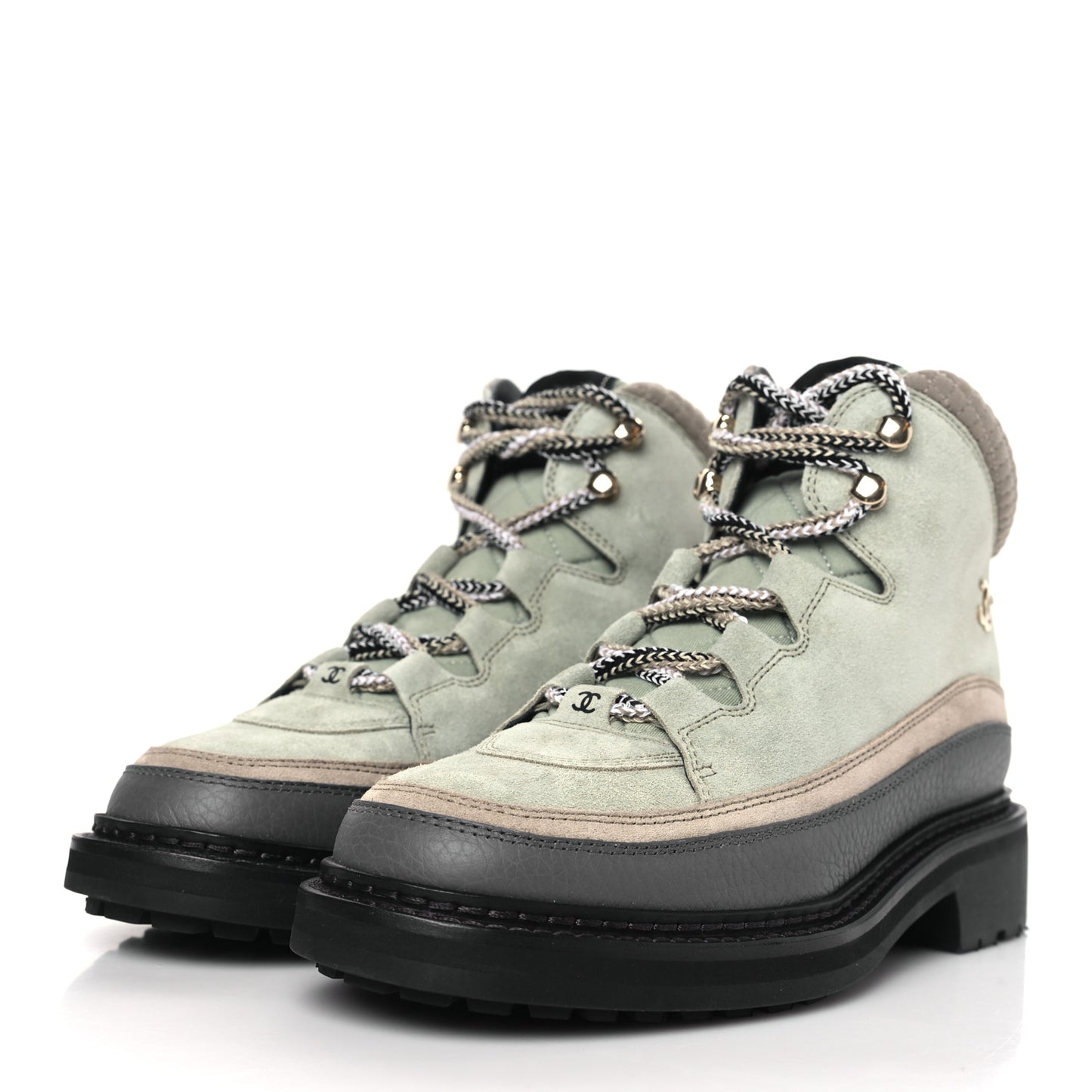 Suede Grained Calfskin CC Lace Up Boots 39 Light Green Dark Beige Gray