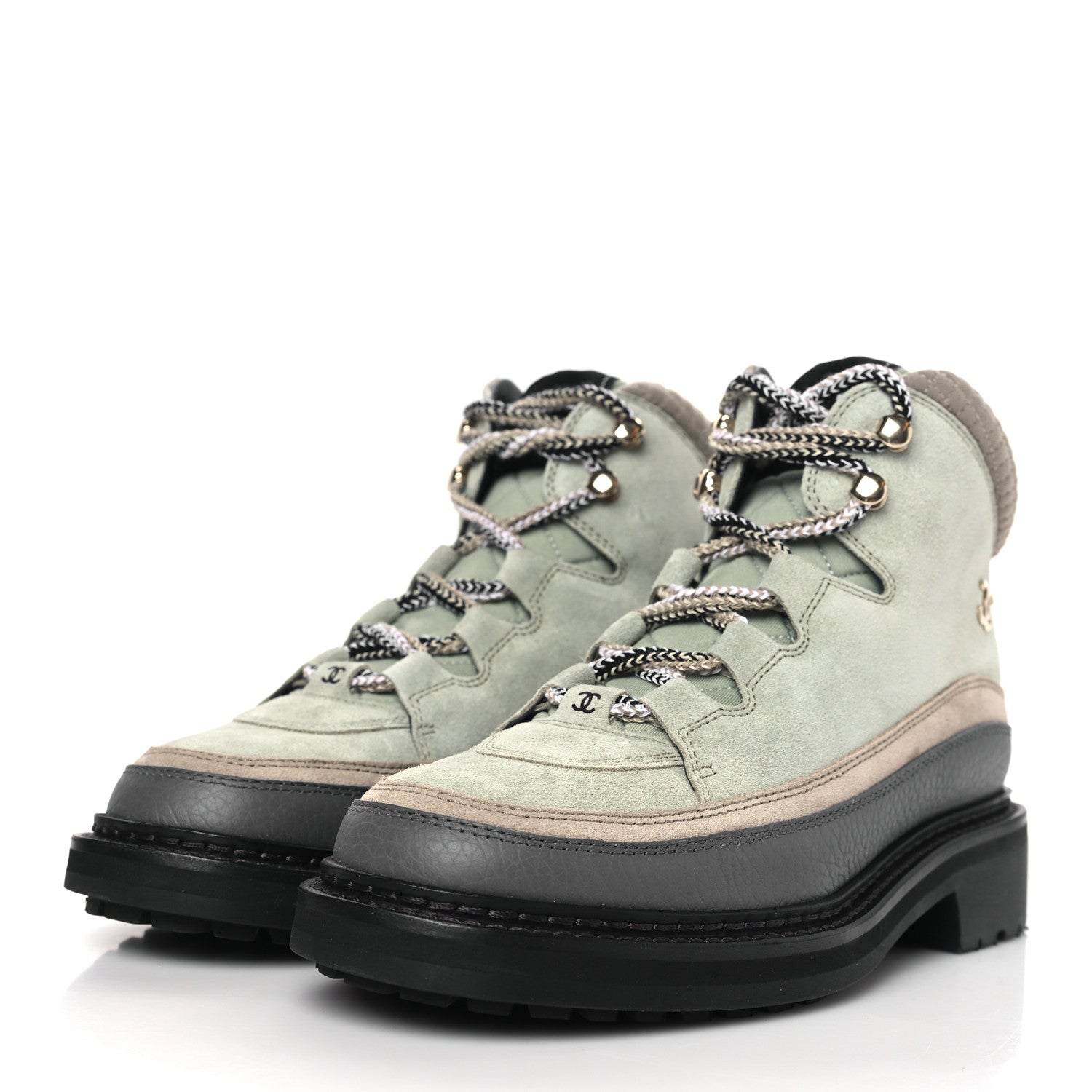 Chanel Suede Grained Calfskin CC Lace Up Boots 39 Light Green Dark Beige Gray 3 of 8