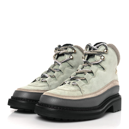 Chanel Suede Grained Calfskin CC Lace Up Boots 39 Light Green Dark Beige Gray 3 of 8