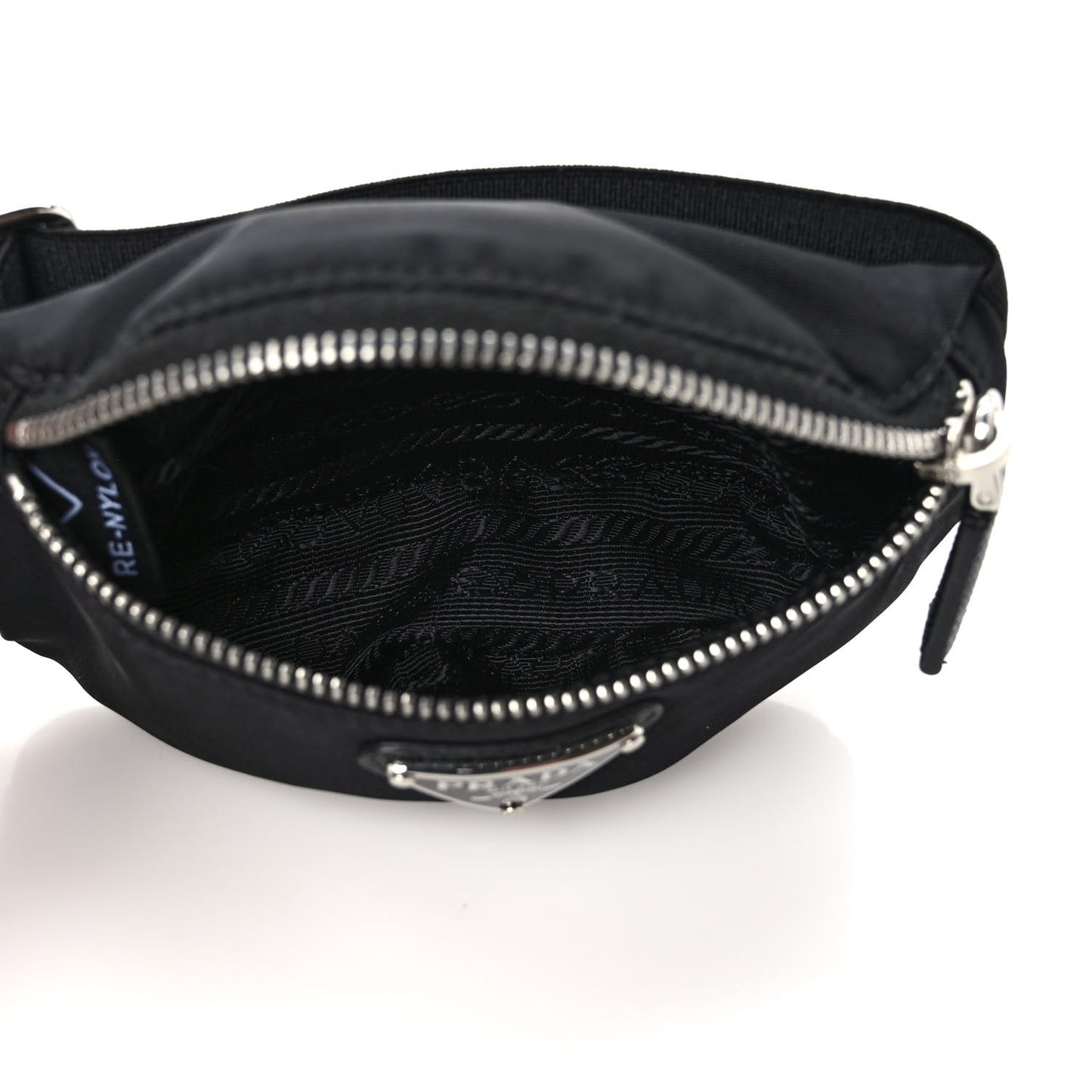 Re-Nylon Travel Saffiano Metal Triangle Logo Mini Arm Pouch Black