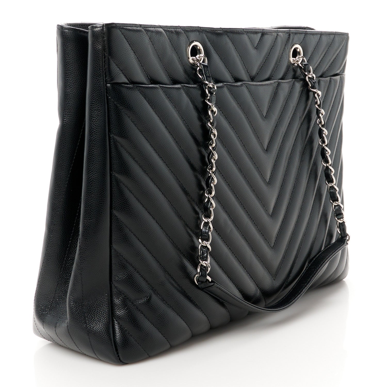 Chanel Caviar Chevron Quilted Large Shopping Tote Black 3 of 10