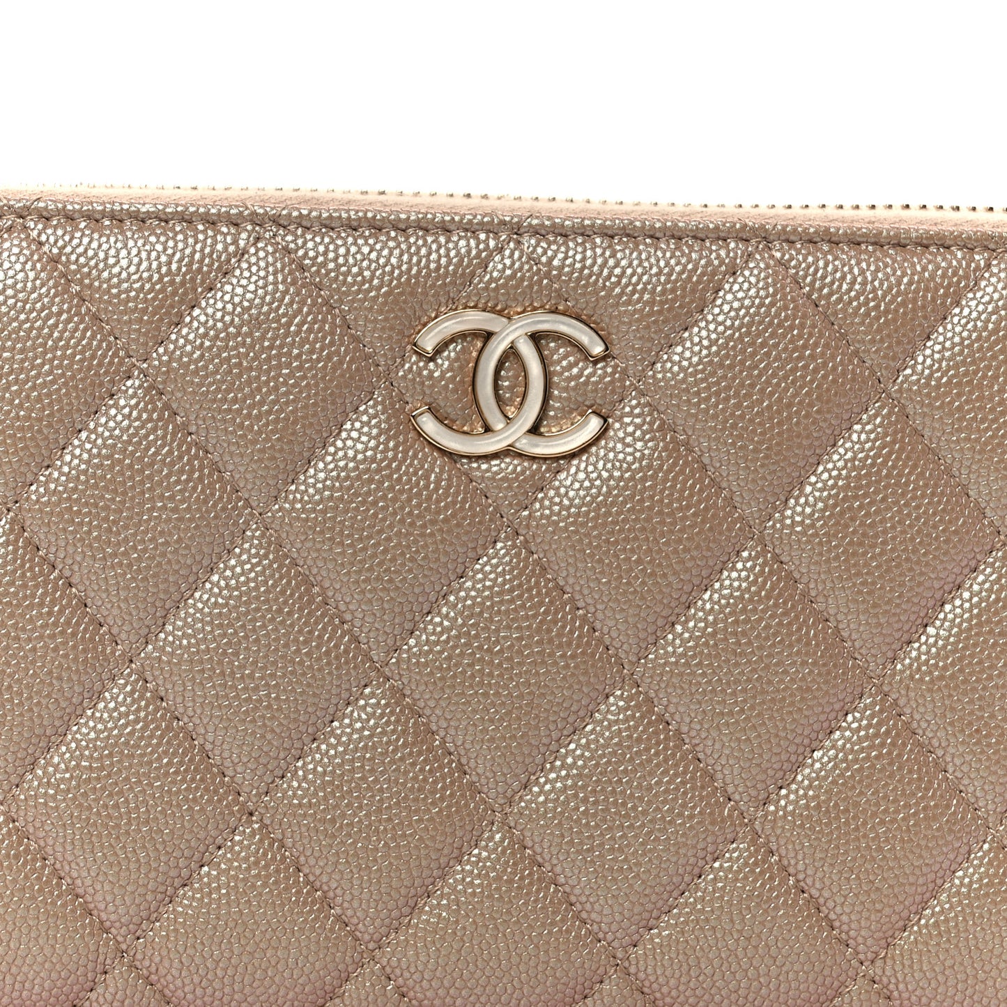 Iridescent Caviar Quilted Large Gusset Zip Around Wallet Beige
