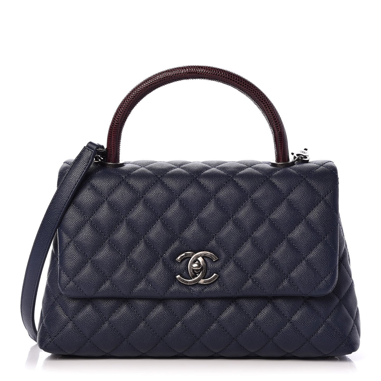 Caviar Lizard Quilted Small Coco Handle Flap Navy