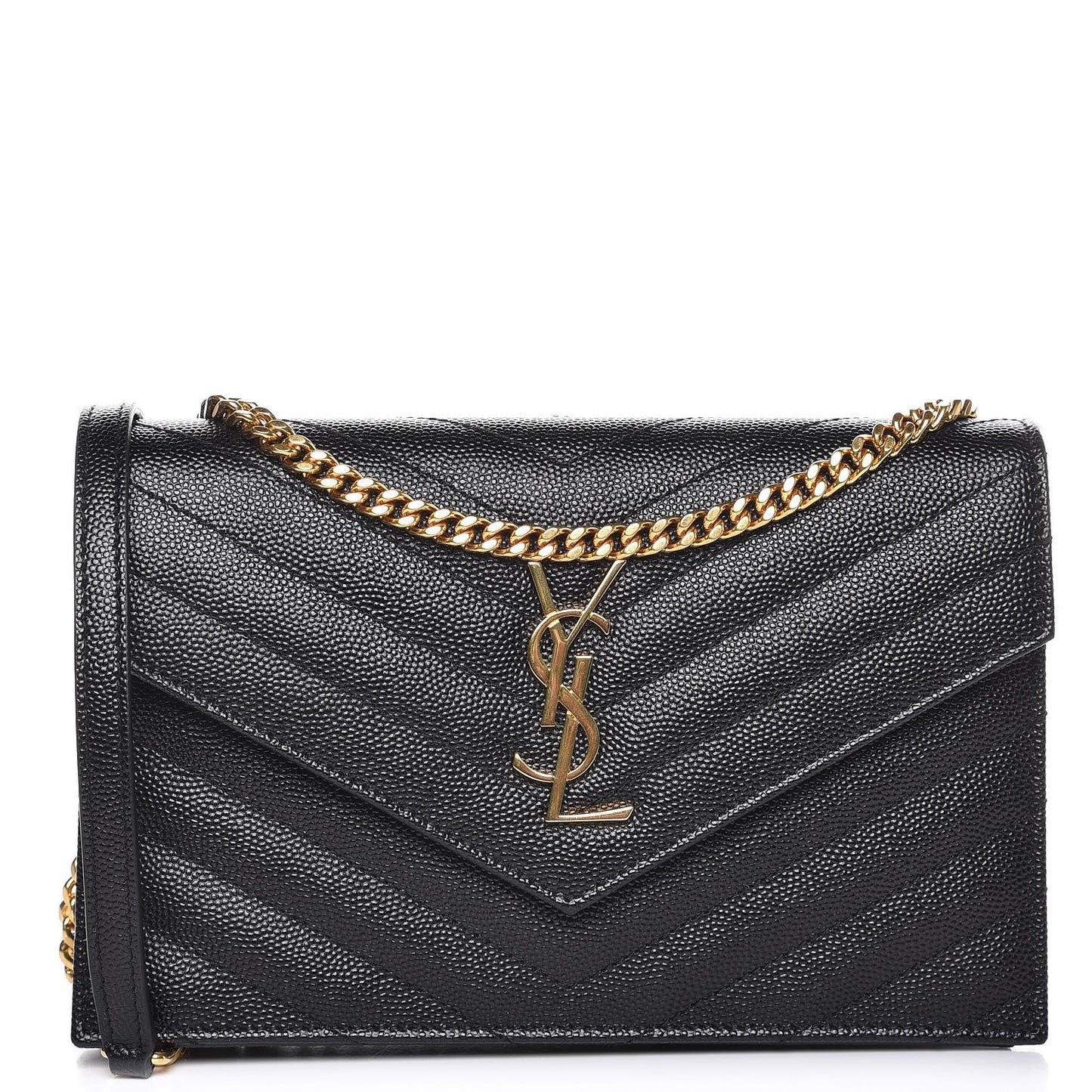 Grain De Poudre Matelasse Chevron Monogram Envelope Chain Wallet Black