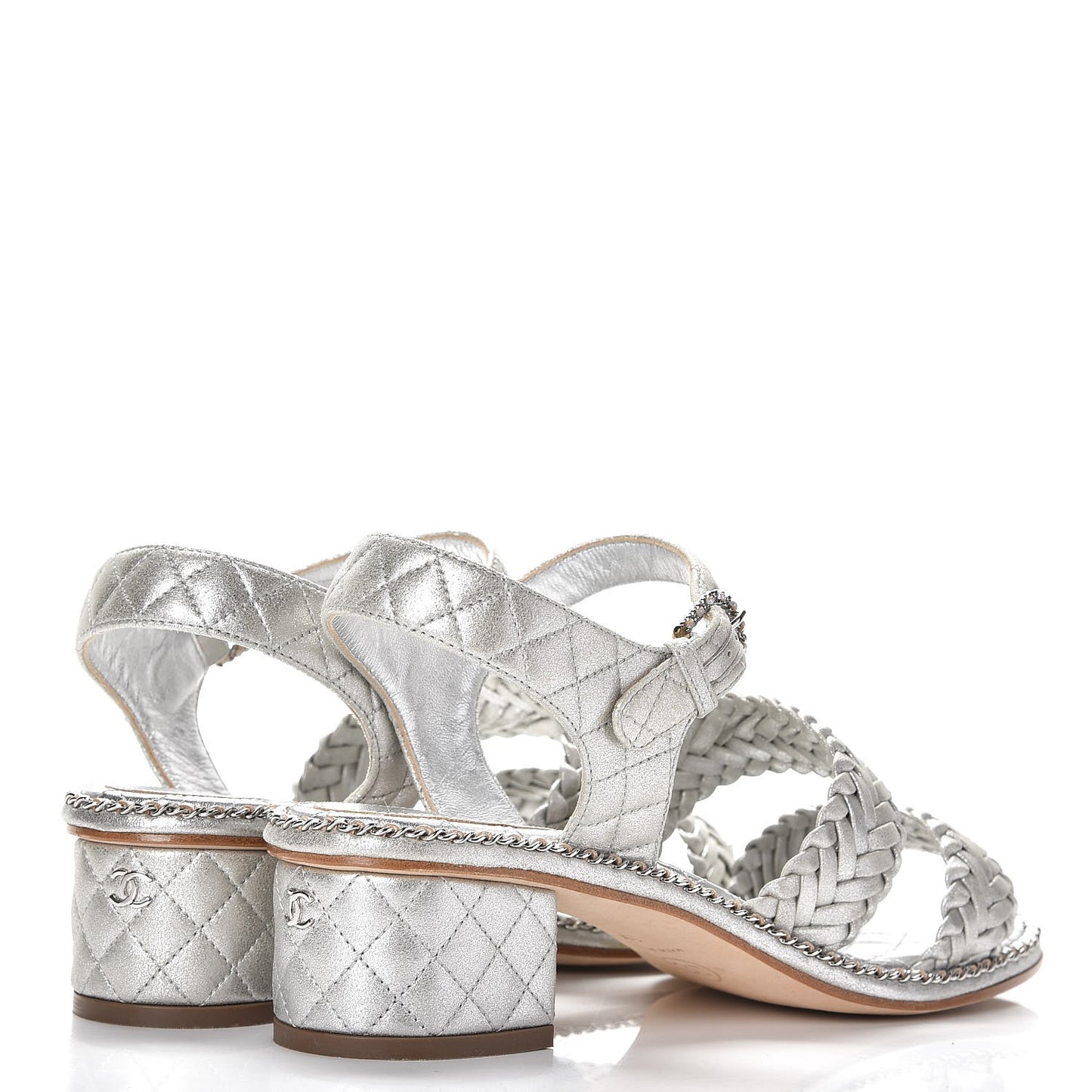 Metallic Goatskin Quilted Chain Sandals 39 Silver