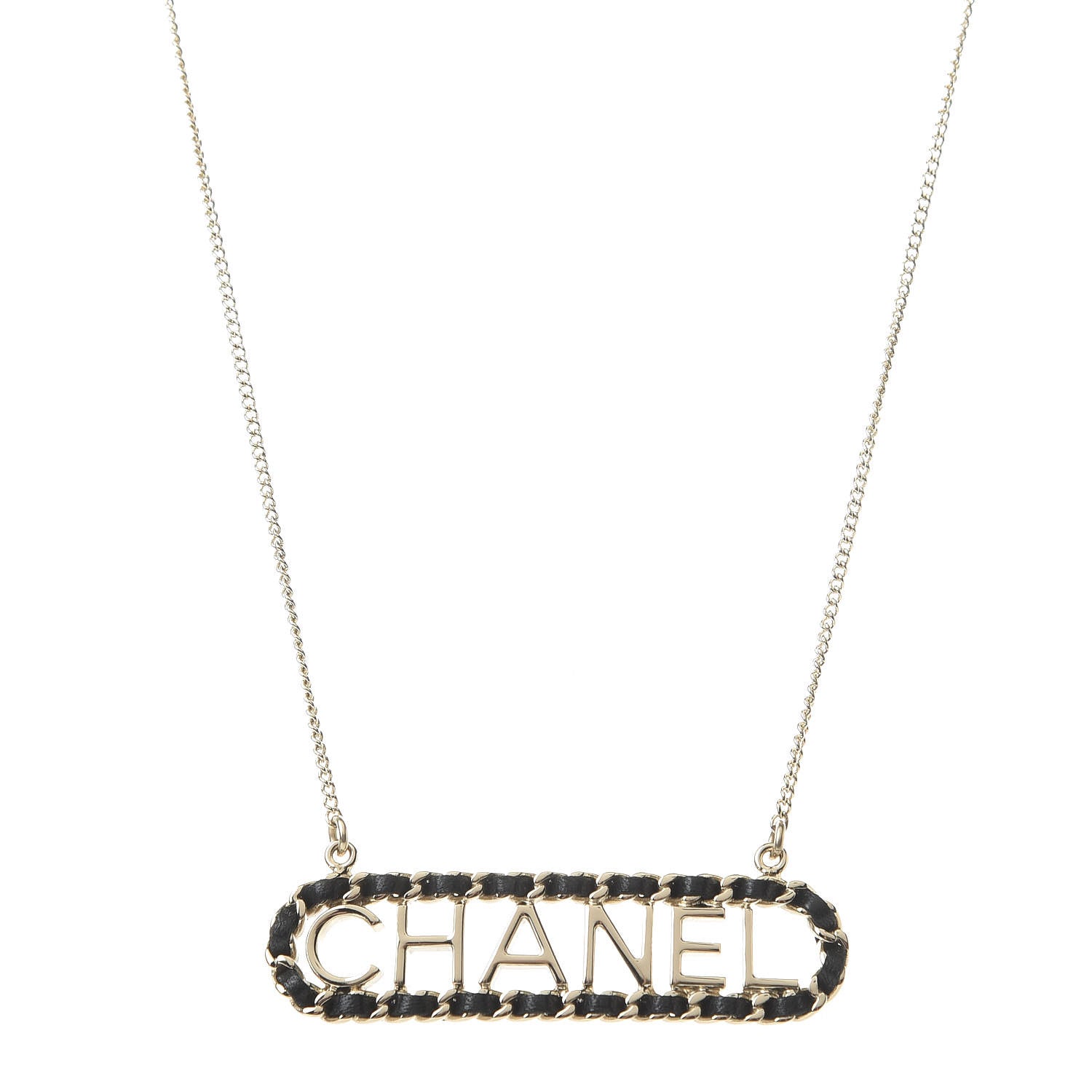 Chanel Metal Lambskin Logo Necklace Black Gold 1 of 5