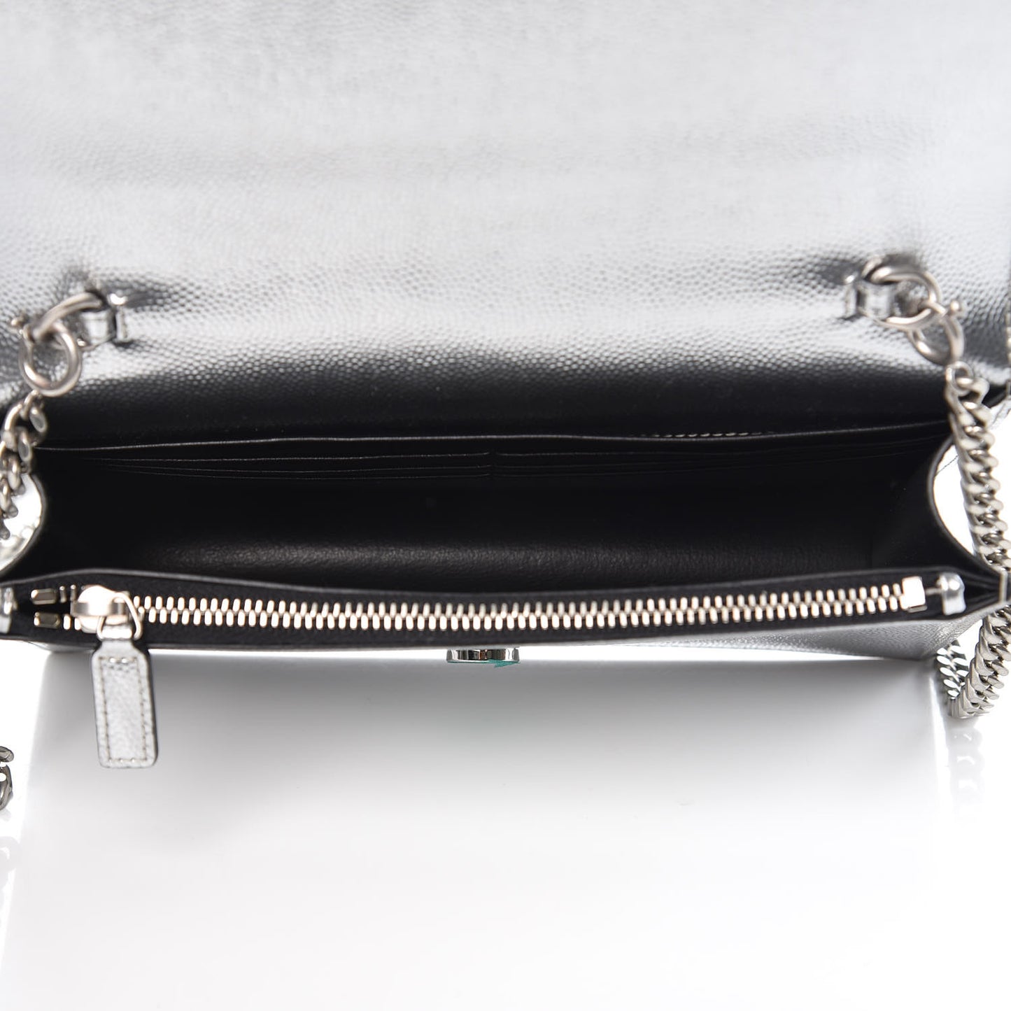 Metallic Grain De Poudre Kate Monogram Tassel Chain Wallet Silver