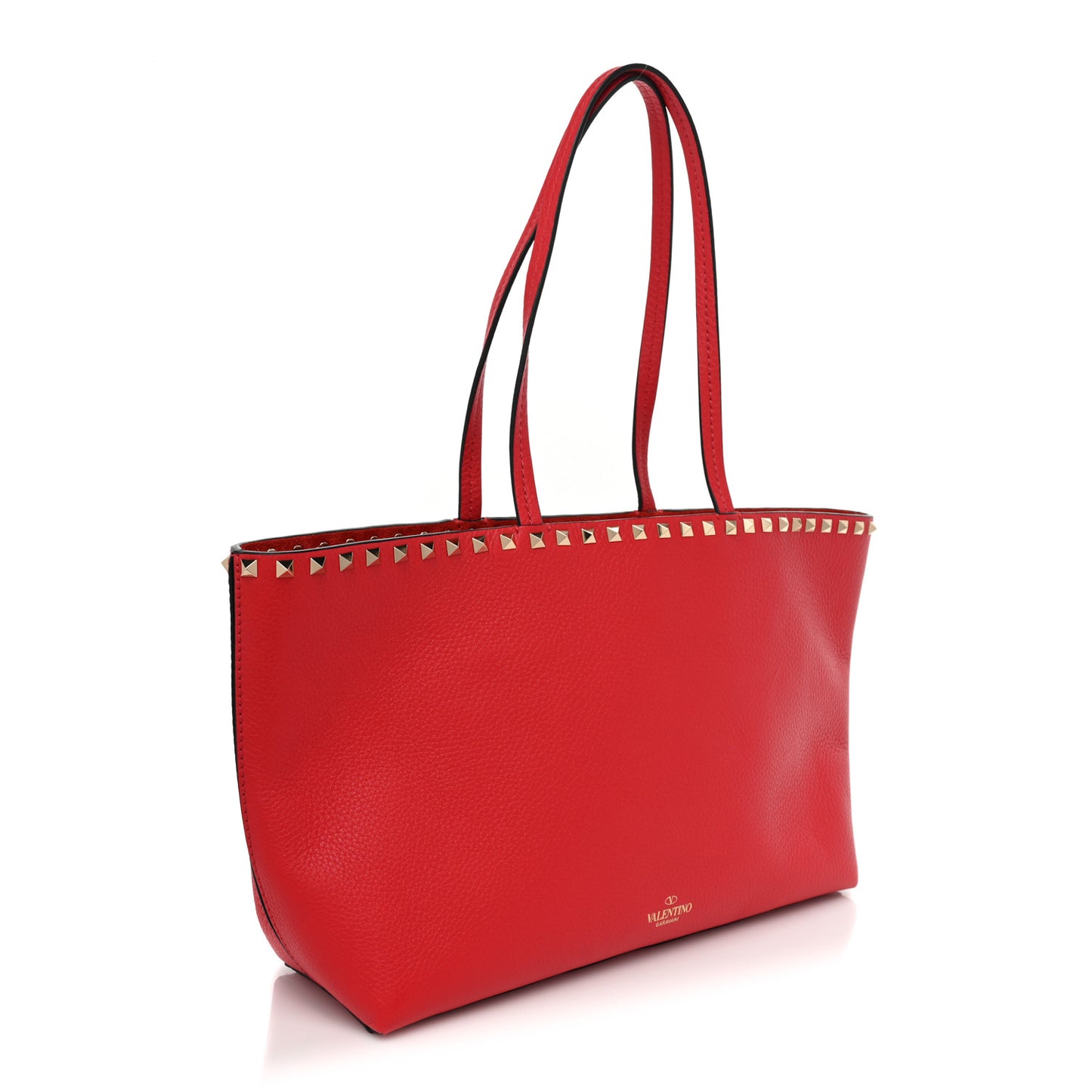 Grained Calfskin Small Rockstud Shoulder Tote Rouge Pur