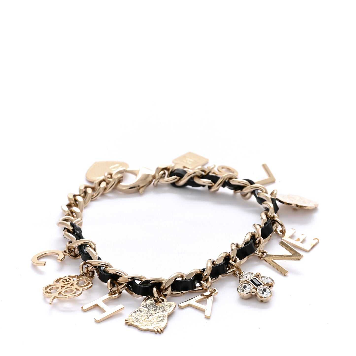 Metal Lambskin Crystal Chain CC Charms Bracelet Gold Black