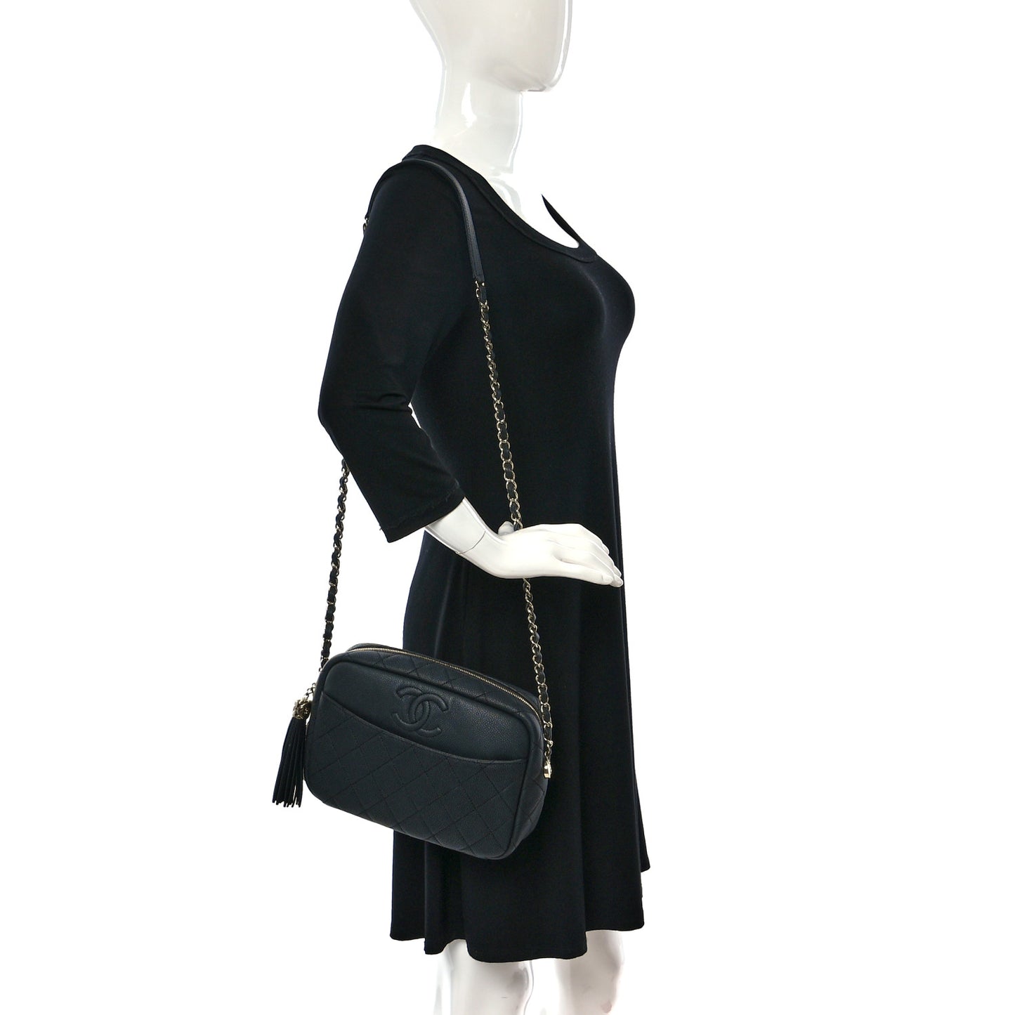 Iridescent Caviar Quilted Small Coco Tassel Camera Case Black
