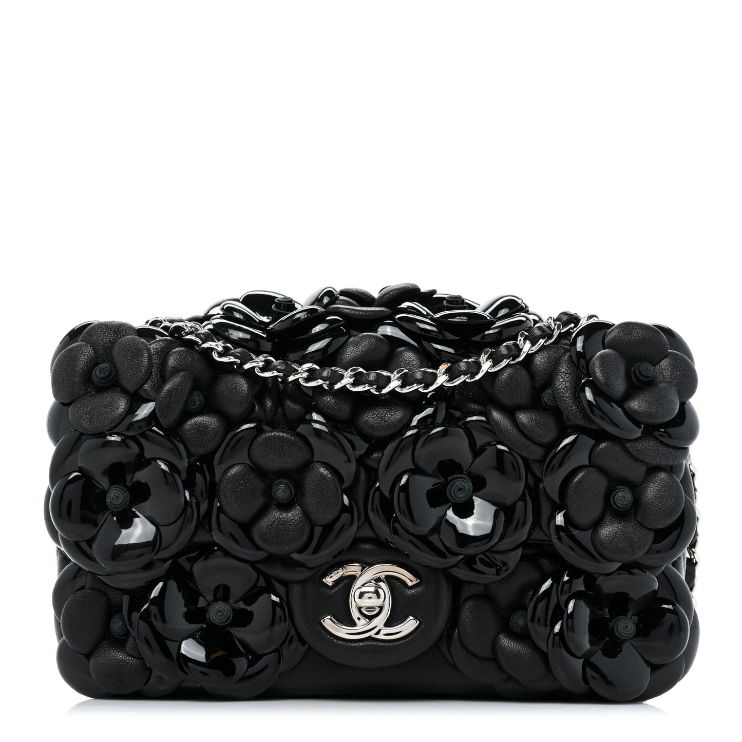 Lambskin Patent Mini Camellia Flap Black